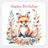 Baby Fox in Flowers Happy Birthday Square Sticker