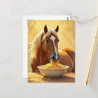 cute palomino horse eating spaghetti postcard