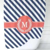 Navy Blue & Coral Nautical Stripes Monogram Shower Curtain