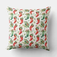 Watercolor Red and Green Stockings Throw Pillow