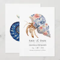 Floral Hermit Crab Coastal Beach Wedding Nautical Save The Date