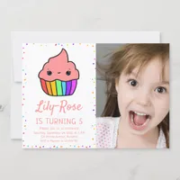 Cute Rainbow Cupcake Photo 5th Birthday Party Invitation