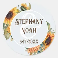 Rustic Country Sunflower Blue and Yellow Wedding Classic Round Sticker