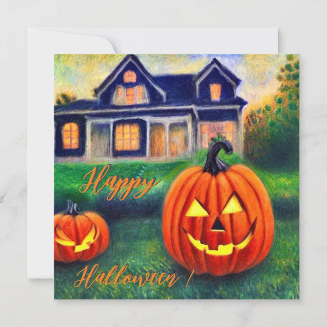 Happy Halloween - pumpkins in front of a house  Invitation