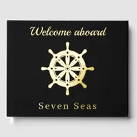 Black yacht boat name gold steering wheel foil guest book 