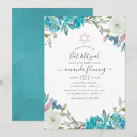 Dusty Blue and Turquoise Floral Bat Mitzvah Invitation