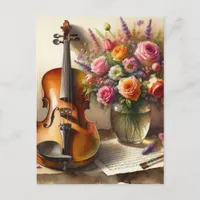 Violin, Sheet Music and a Vase of Flowers  Postcard