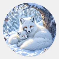 Cute Mama and Baby White Foxes in the Snow Classic Round Sticker