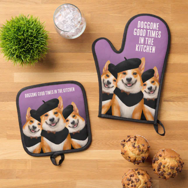 Cute Chic Corgi Dogs Wearing Berets & Bandanas Oven Mitt & Pot Holder Set