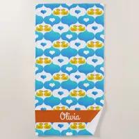 Rubber Duckie and Hearts Pattern Personalized Beach Towel