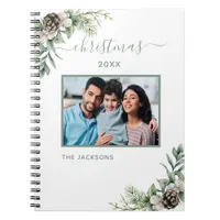 Christmas family photo white cone pine name notebook