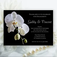 White Orchid on Black Engagement Party Invitation