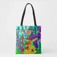 Colorful Folk Art Style Bird and Flowers Tote Bag