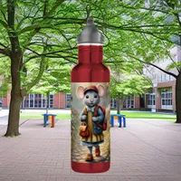 Cute mouse girl on her way to school, personalized stainless steel water bottle