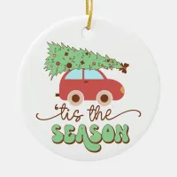 Tis The Season Retro Groovy Christmas Photo Ceramic Ornament