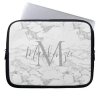 Chic Silver Foil Marble Monogram Laptop Sleeve
