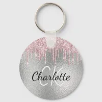 Silver pink glitter drips monogram initials keychain