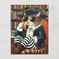 Kitty Pirate With a Coffee in a Bookshop Postcard