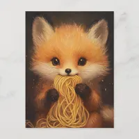 An adorable baby red fox eating spaghetti postcard