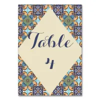 Elegant Mexican Floral Talavera Diamond  Wedding  Table Number