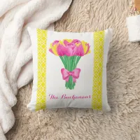 Tulip Bouquet with bow & stripe Custom name Throw Pillow