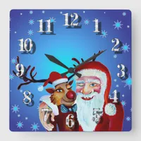 Watercolor Magical Santa Claus Smiling Rudolph Square Wall Clock