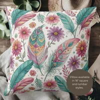 Boho Bright Feathers Throw Pillow