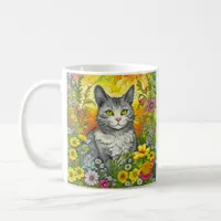 Personalized Whimsical Cat and Flowers Coffee Mug