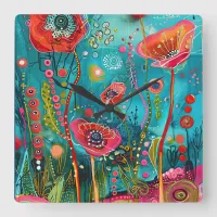  Teal and Orange Doodle Flowers  Square Wall Clock