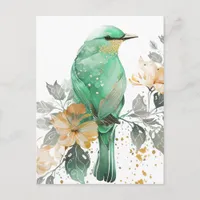 Gorgeous Mint and Gold Bird and Flowers Postcard