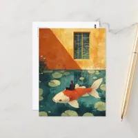 The Tiny Person on a Koi Fish Fantasy Postcard