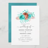 Turquoise and Coral Watercolor Floral Wedding Invitation