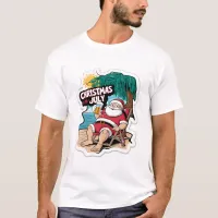 Festive Santa Claus Relaxing on Tropical Shore T-Shirt