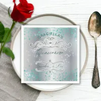 Silver Teal Jeweled Tiara Quinceañera Napkins