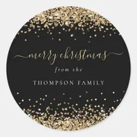 Gold Glitter Borders Name Merry Christmas Black Classic Round Sticker