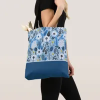 Blue and White Daisies and Leaves, Color Block Tote Bag