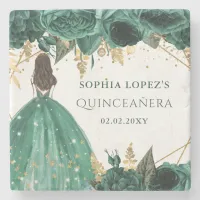 Emerald Green Gold Floral Princess Quinceanera   Stone Coaster