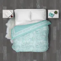 Watercolor Snowdrops and Border Teal ID726  Duvet Cover