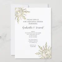 Gold Snowflakes Winter Wedding Rehearsal Dinner Invitation
