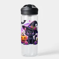 Cute Chibi Halloween Black Cat and Pumpkin Water Bottle