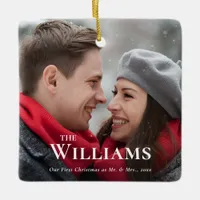 First Christmas Minimal Elegant Happy Couple Photo Ceramic Ornament