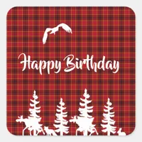 Lumberjack red plaid pattern happy birthday square sticker