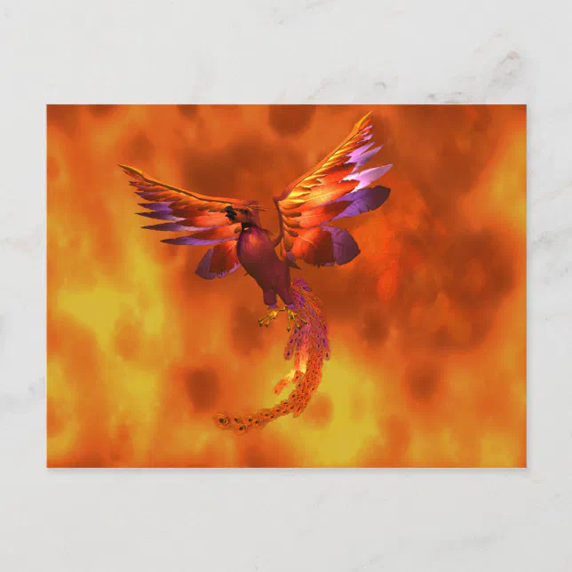 Colorful Phoenix Flying Against a Fiery Background Postcard