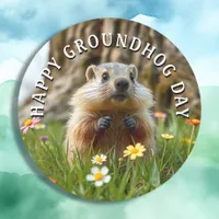 Happy Groundhog Day! Cute  Classic Round Sticker