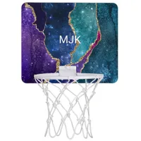 Blue Purple Aqua Gold Veins Agate Monogram Mini Basketball Hoop
