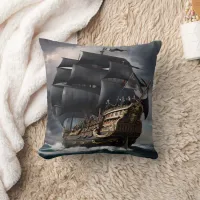 Pirate Ship Sailing Through Stormy Seas at Dusk Throw Pillow