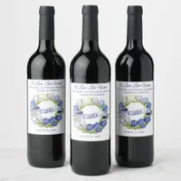 Elegant Watercolor Tulip Wreath Wedding Blue Ivory Wine Label