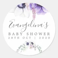 Dusty Violet Watercolor Floral Baby Shower Classic Round Sticker
