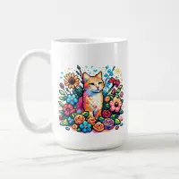 Pixel Art | Cat Sitting in Flowers Personalized  Coffee Mug