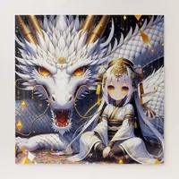 Anime Girl Warrior and Dragon Ai Art Jigsaw Puzzle